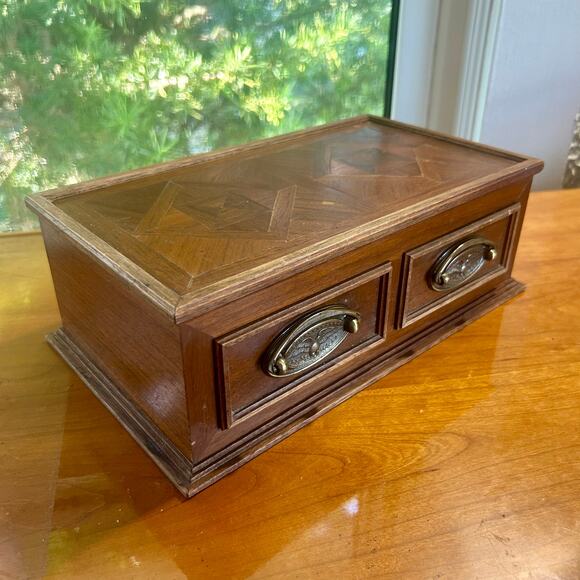 Vintage Wooden Parquet Style Two-Drawer Jewelry Trinket Box with Brass Pulls - Picture 10 of 16